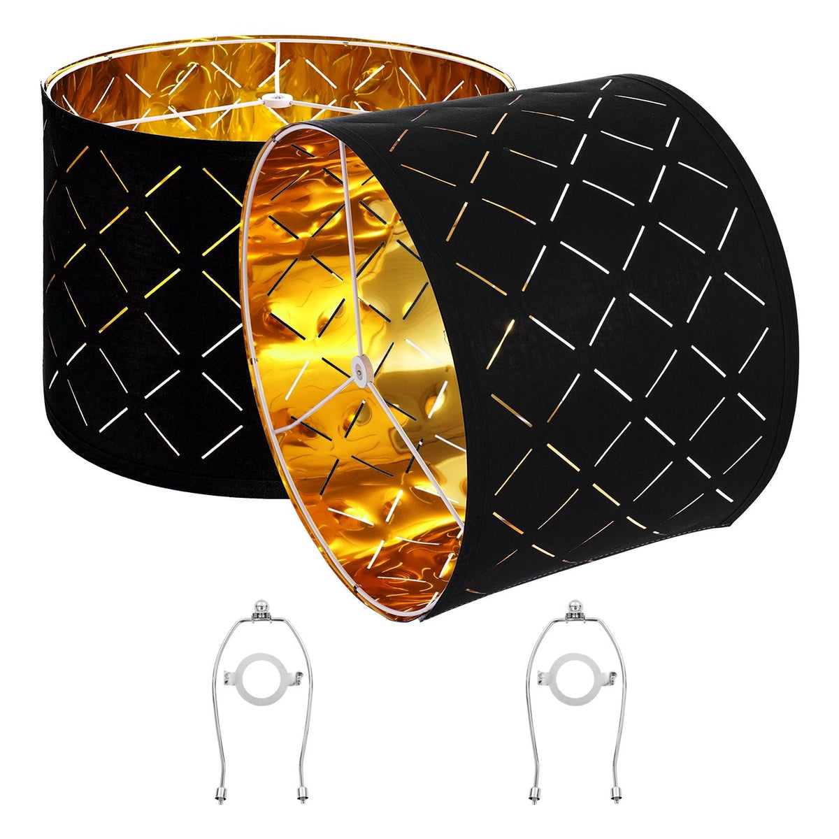 Drum Lamp Shade 2 Set, 13 in Top x 13 in Bottom x 10 in High, Medium Drum Lampshade with Harp, Replacement Lamp Shade for Table Lamps Floor Lamps Pendant Lights, Black Diamond Hollow Design
