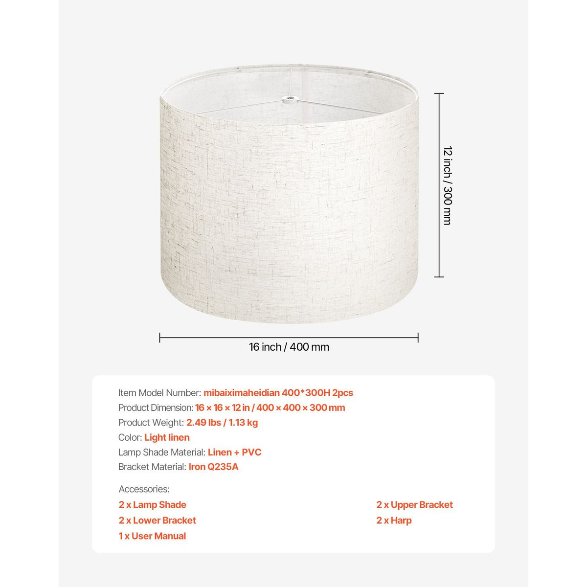 Drum Lamp Shade 2 Set, 16 in Top x 16 in Bottom x 12 in High, Large Lampshade with Harp, Replacement Lamp Shade for Table Lamps Floor Lamps Pendant Lights, Easy Assembly Required (Light Linen)