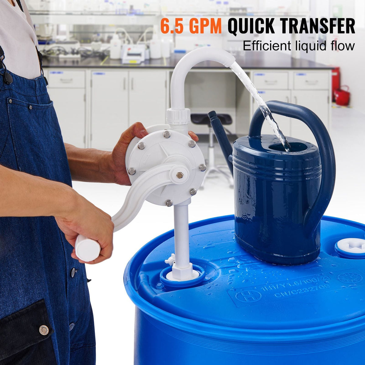 Drum Pump, 6.5 GPM Flow, Rotary Barrel Pump Hand Crank, Fits 5 to 55 Gallon Drums with 3-Section Suction Tube Assembly and Hose, Designed for Fast Transfer of Water, Alcohol, Corrosive Liquids
