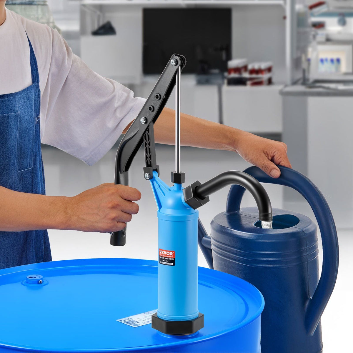 Drum Pump, 9.5 oz. Per Stroke, Lever-Action Barrel Pump, Fits 5-55 Gallon Drums with 3-Section Suction Tube Assembly & Hose, Hand Operated, Designed to Transfer Water, Alcohol, Corrosive Liquids
