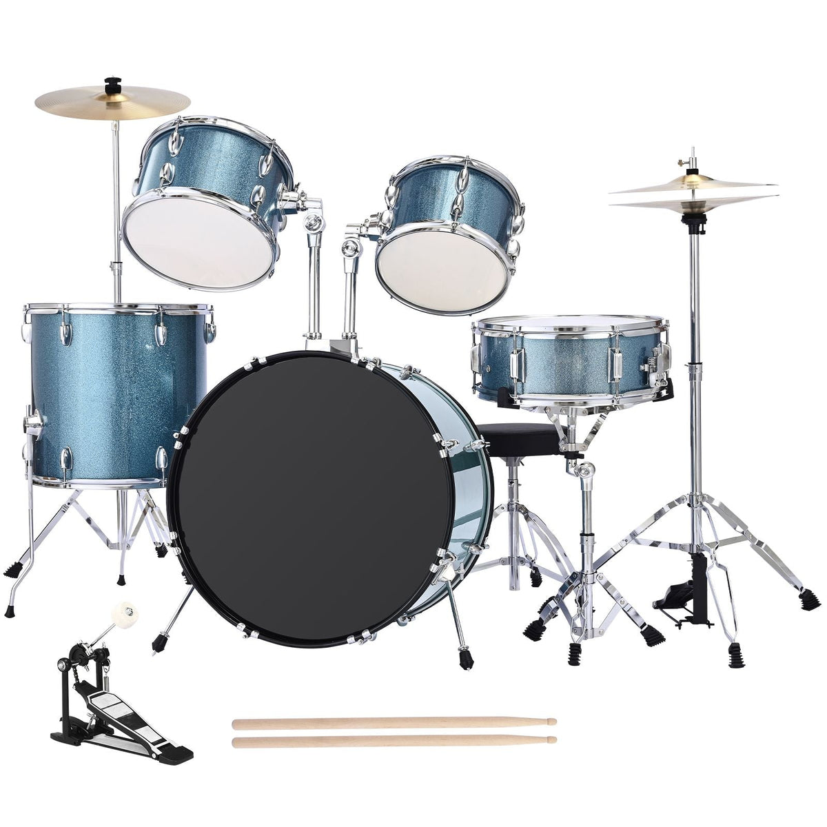 Drum Set, 5-Piece 22 in Junior Drum Sets, Beginner Drums Set with Adjustable Throne, Cymbal, and Drumsticks, Musical Learning Drums Instrument Kit, for Beginner, Teens & Student (Gravel Blue)