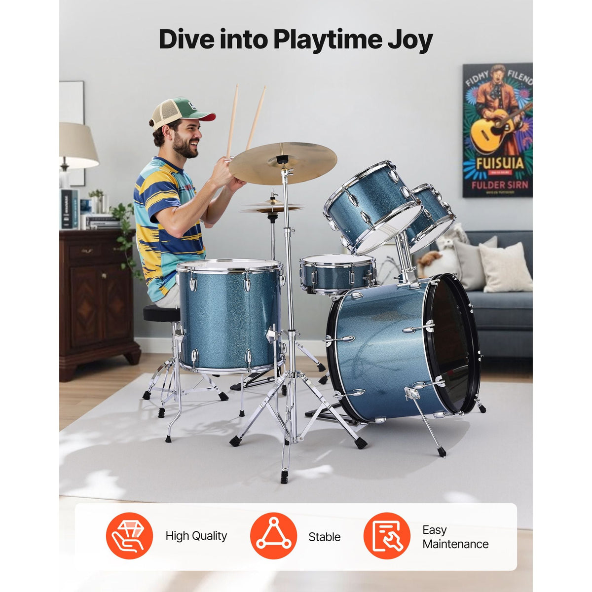 Drum Set, 5-Piece 22 in Junior Drum Sets, Beginner Drums Set with Adjustable Throne, Cymbal, and Drumsticks, Musical Learning Drums Instrument Kit, for Beginner, Teens & Student (Gravel Blue)