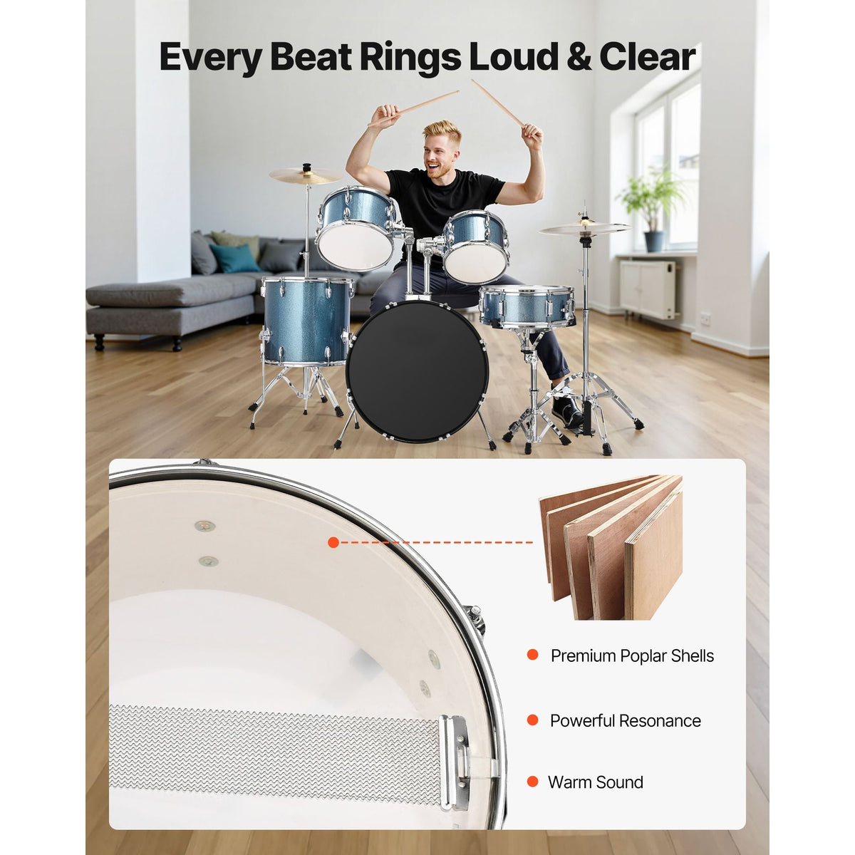 Drum Set, 5-Piece 22 in Junior Drum Sets, Beginner Drums Set with Adjustable Throne, Cymbal, and Drumsticks, Musical Learning Drums Instrument Kit, for Beginner, Teens & Student (Gravel Blue)