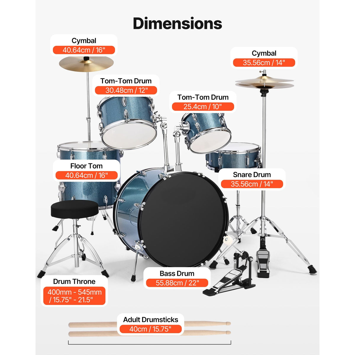 Drum Set, 5-Piece 22 in Junior Drum Sets, Beginner Drums Set with Adjustable Throne, Cymbal, and Drumsticks, Musical Learning Drums Instrument Kit, for Beginner, Teens & Student (Gravel Blue)