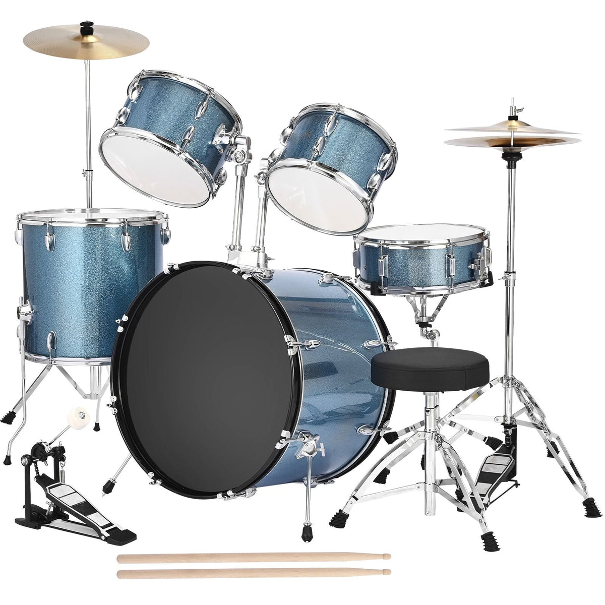 Drum Set, 5-Piece 22 in Junior Drum Sets, Beginner Drums Set with Adjustable Throne, Cymbal, and Drumsticks, Musical Learning Drums Instrument Kit, for Beginner, Teens & Student (Gravel Blue)