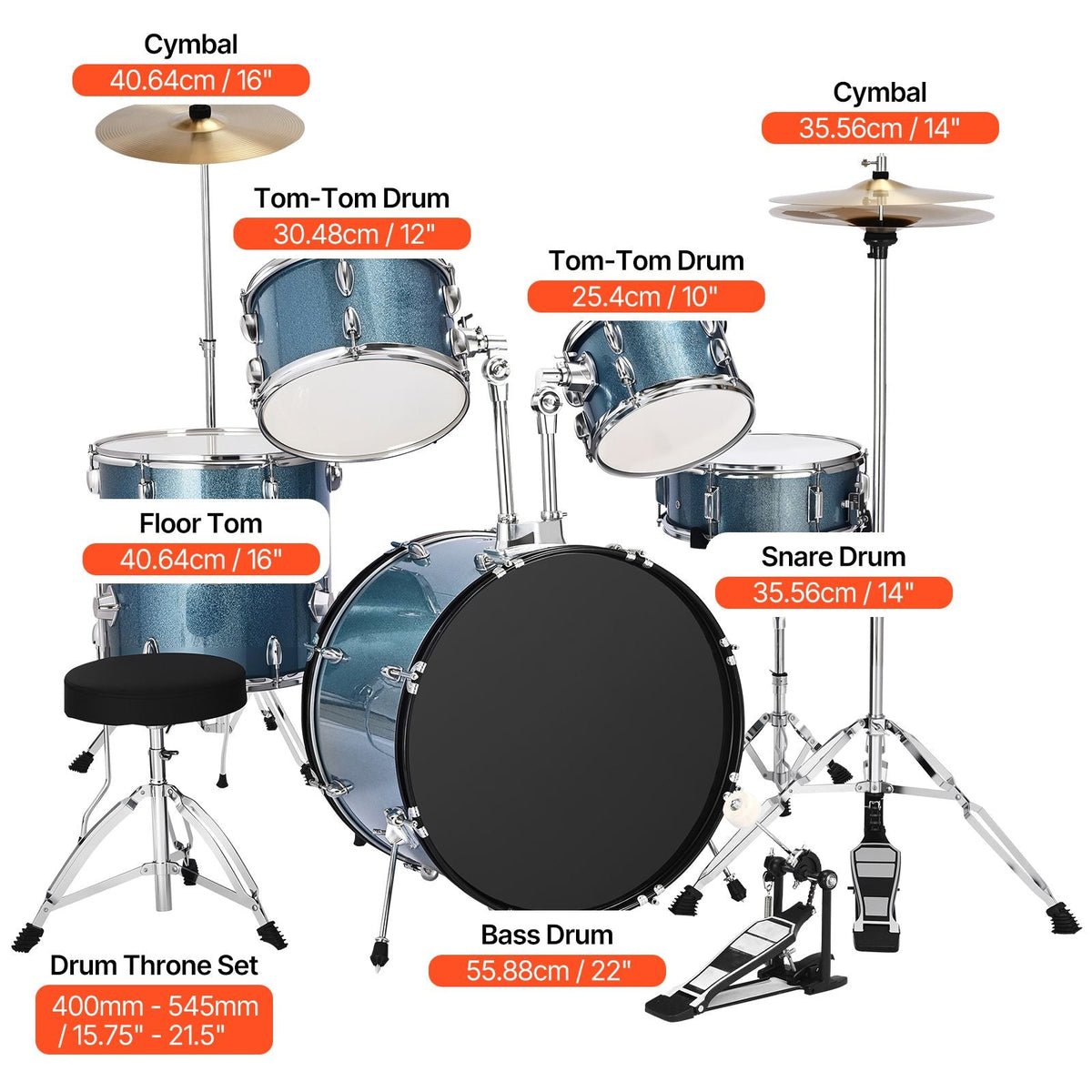 Drum Set, 5-Piece 22 in Junior Drum Sets, Beginner Drums Set with Adjustable Throne, Cymbal, and Drumsticks, Musical Learning Drums Instrument Kit, for Beginner, Teens & Student (Gravel Blue)