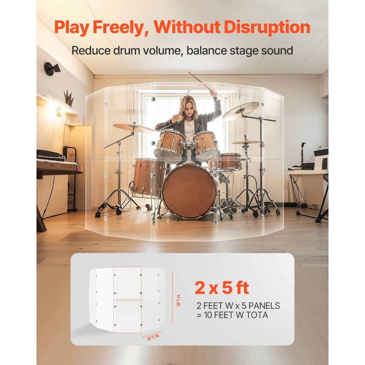 Drum Shield, 5 Panels 2 ft x 5 ft Portable Acrylic Drum Cage with Zinc Alloy Hinges for Church Concert Halls Music Festivals, Drum Shields Drum Sound Barrier Suitable for Practice Performance