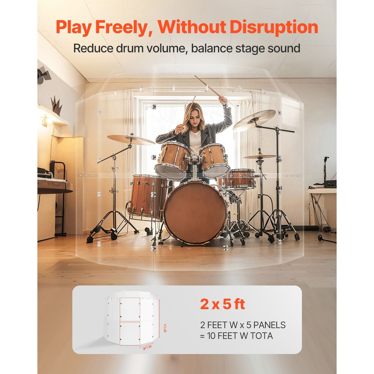 Drum Shield, 5 Panels 2ft x 5ft Portable Acrylic Drum Cage with Zinc Alloy Hinges and Deflectors for Church Concert Halls, Drum Shields Drum Sound Barrier Suitable for Practice and Performance