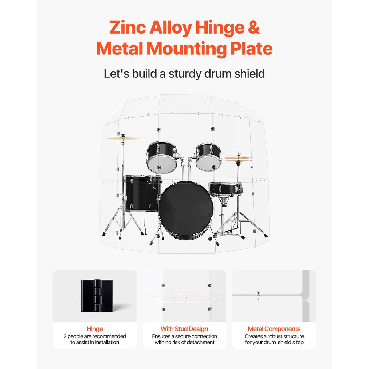 Drum Shield, 5 Panels 2ft x 5ft Portable Acrylic Drum Cage with Zinc Alloy Hinges and Deflectors for Church Concert Halls, Drum Shields Drum Sound Barrier Suitable for Practice and Performance
