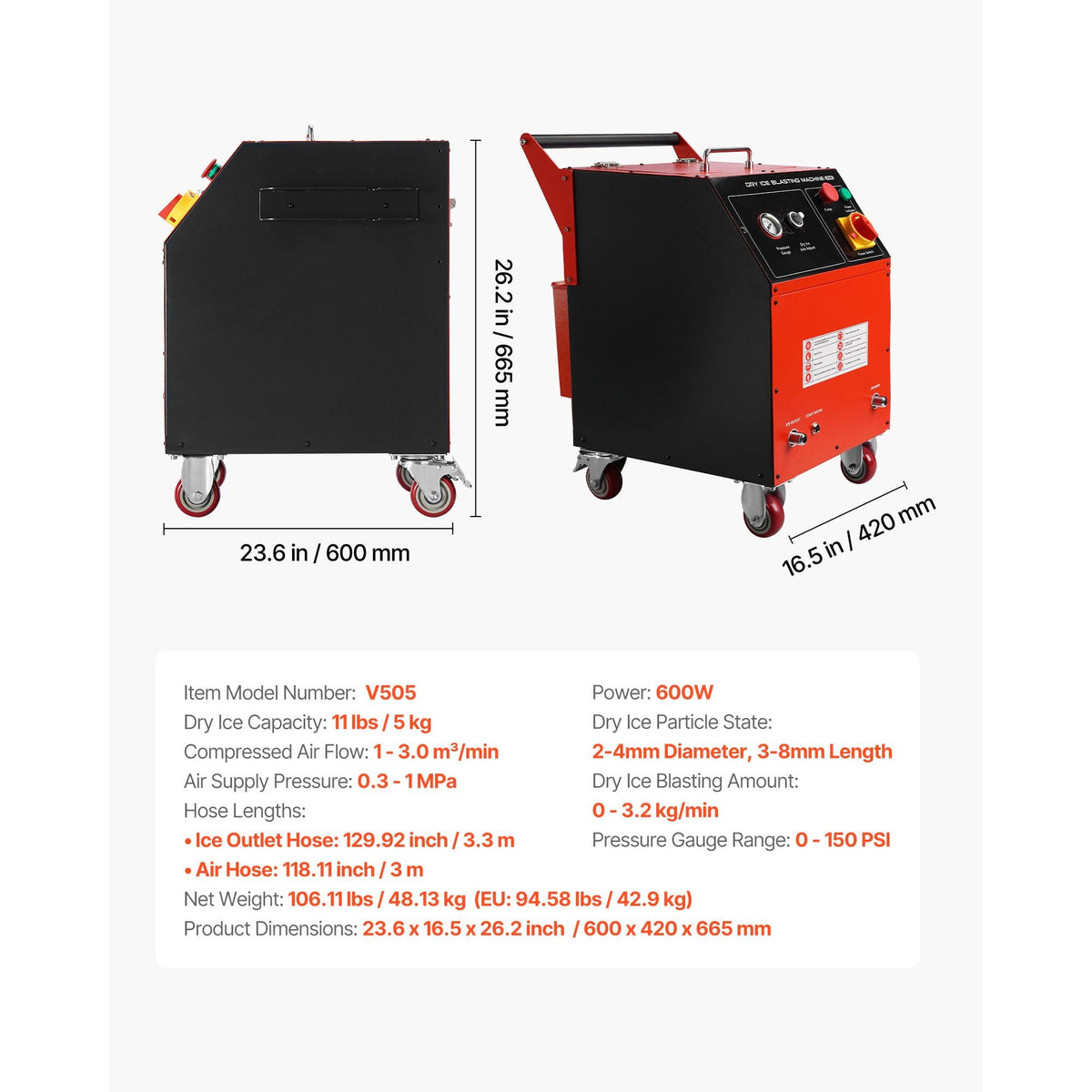 Dry Ice Blasting Machine, 11LBS (5KG) Capacity Dry Ice Cleaning Machine with 4 Nozzles, Adjustable Pressure & Dry Ice Amount, Movable Blaster Cleaner for Automotive Ship Aviation Chemical, 120V
