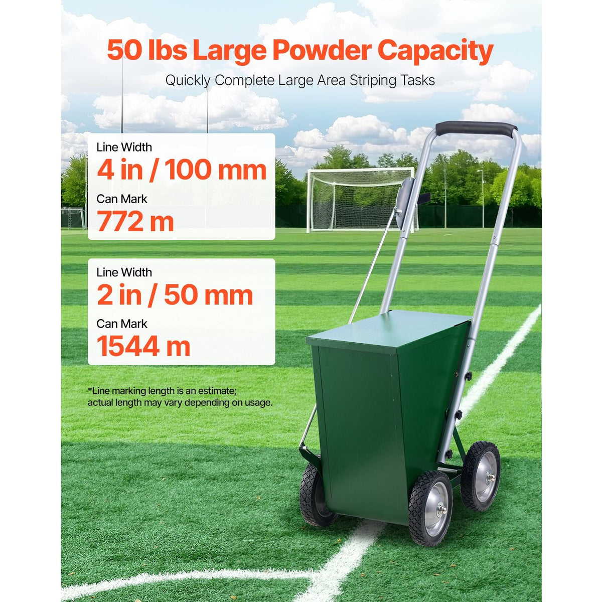 Dry Line Marker, 4-Wheel, 2 or 4 in Lines, Field Dry Line Chalker, Adjustable Line Marker, with Rubber Adjustment Handle, 50 lbs Large Powder Capacity, for Baseball and Softball Infield, Green