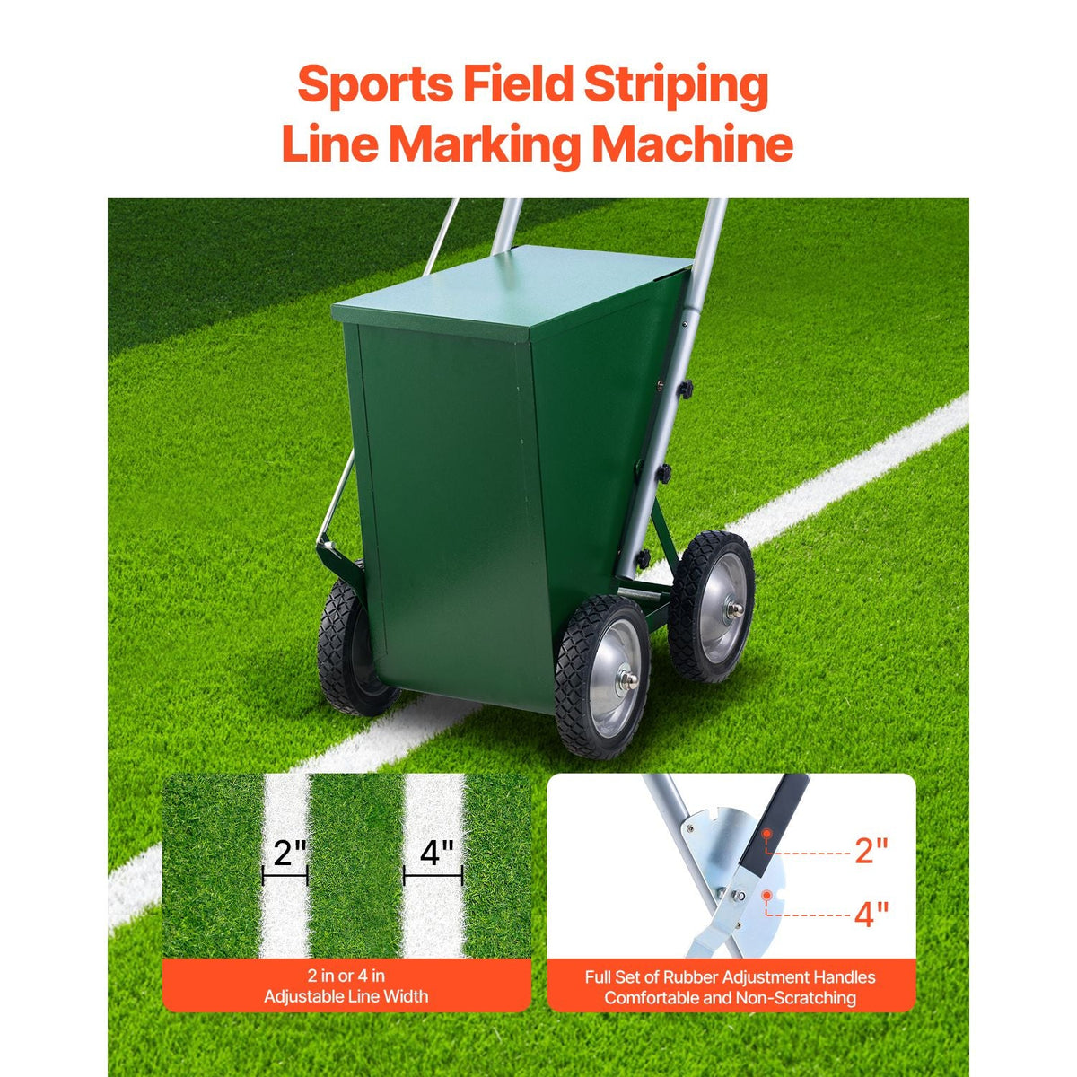 Dry Line Marker, 4-Wheel, 2 or 4 in Lines, Field Dry Line Chalker, Adjustable Line Marker, with Rubber Adjustment Handle, 50 lbs Large Powder Capacity, for Baseball and Softball Infield, Green