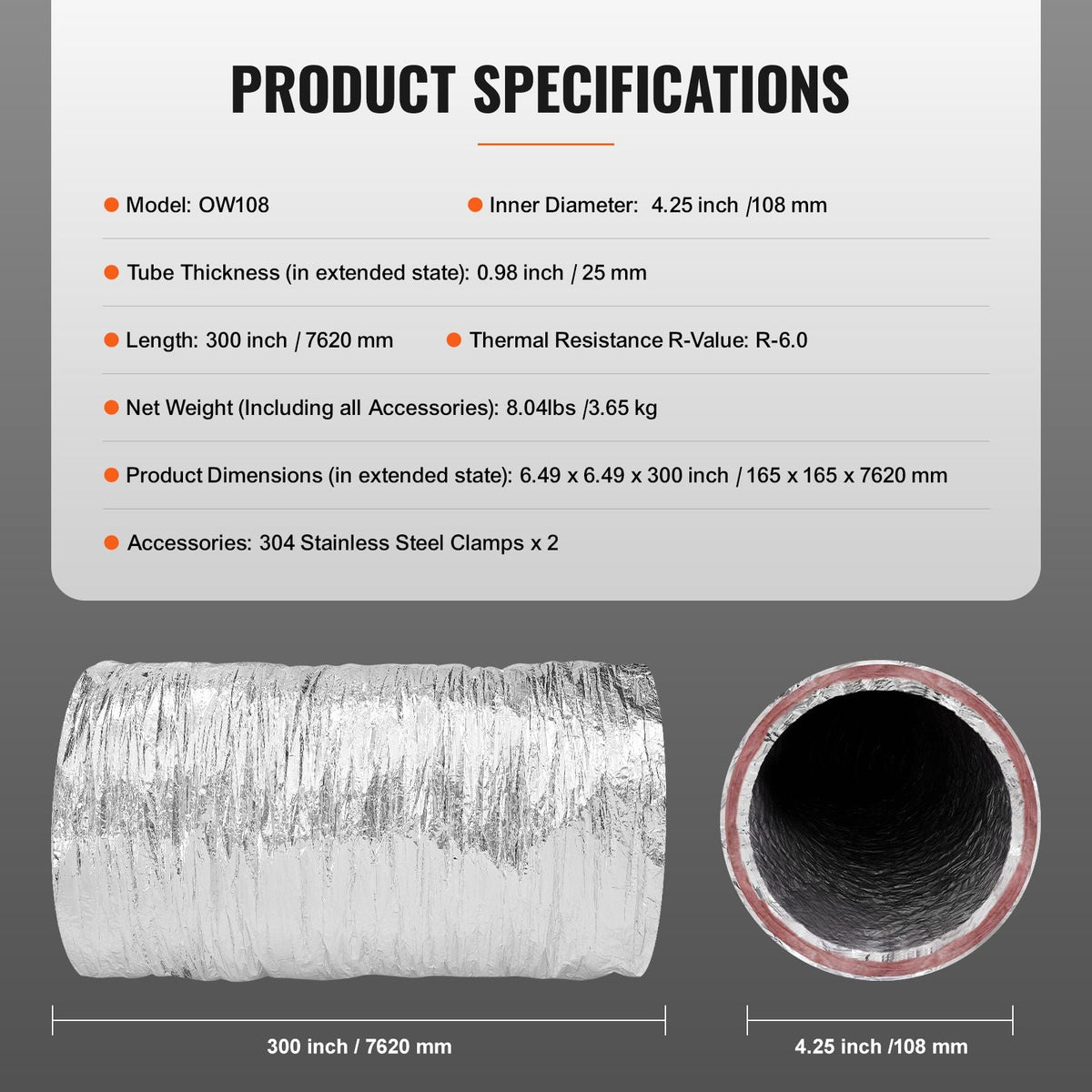 Dryer Vent Hose, 4'' Insulated Flexible Duct 25FT Long with 2 Duct Clamps, Heavy-Duty Three Layer Protection for HVAC Heating Cooling Ventilation and Exhaust, R-6.0 Flame Resistance Value