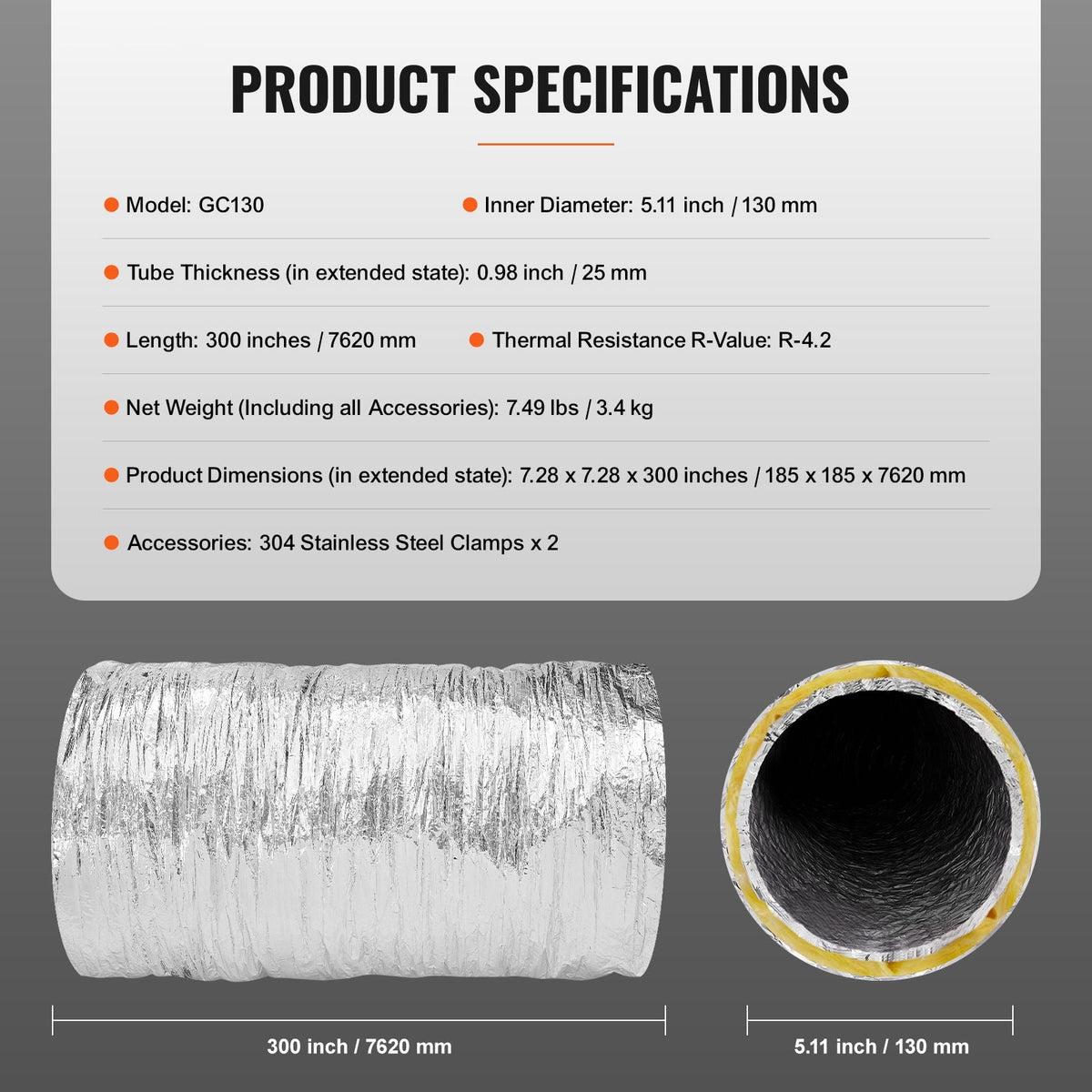 Dryer Vent Hose, 5'' Insulated Flexible Duct 25FT Long with 2 Duct Clamps, Heavy-Duty Three Layer Protection for HVAC Heating Cooling Ventilation and Exhaust, R-4.2 Flame Resistance Value