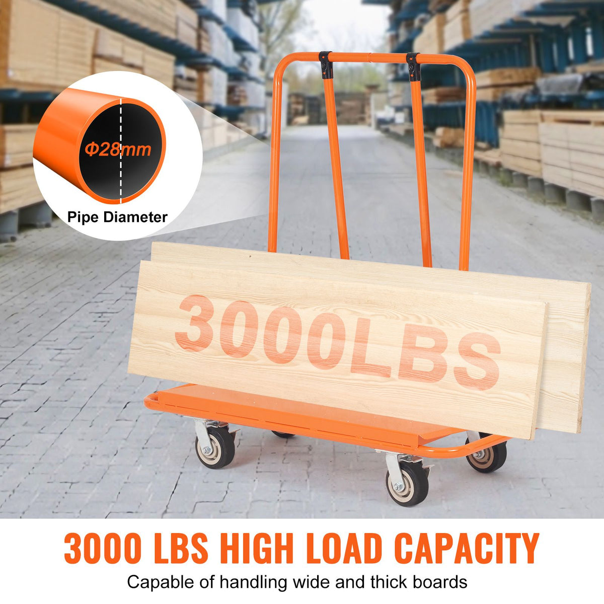 Drywall Cart, 3000 LBS Panel Dolly Cart with 45.28" x 21.8" Deck and 5" Swivel Wheels, Heavy-Duty Drywall Sheet Cart, Handling Wall Panel, Sheetrock, Lumber, for Garage, Home, Warehouse