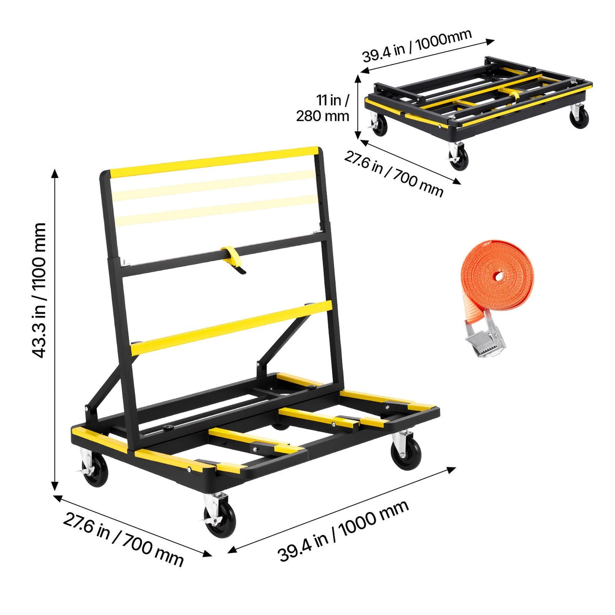 Drywall Cart Dolly, 1800 lbs Load Capacity, Steel Panel Dolly with 4 Swivel Casters & Expandable Deck, Foldable Panel Truck Cart with Tie-Down Strap for Handling Plywood, Plasterboard, Glass