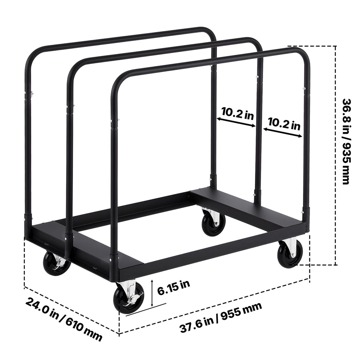 Drywall Cart Dolly, 1800 lbs Load Capacity, Steel Panel Truck Cart with 5 inch Swivel Casters, Lumber Drywall Dolly with with Tie-Down Strap & 3 Side Handrails for Factory, Warehouse, Black