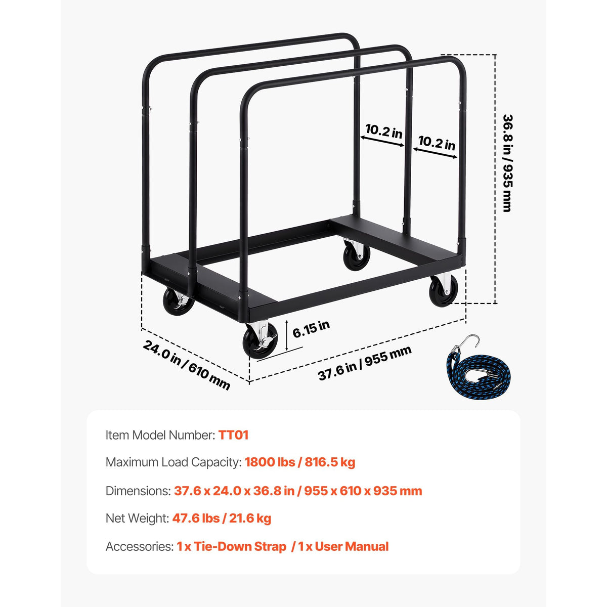 Drywall Cart Dolly, 1800 lbs Load Capacity, Steel Panel Truck Cart with 5 inch Swivel Casters, Lumber Drywall Dolly with with Tie-Down Strap & 3 Side Handrails for Factory, Warehouse, Black