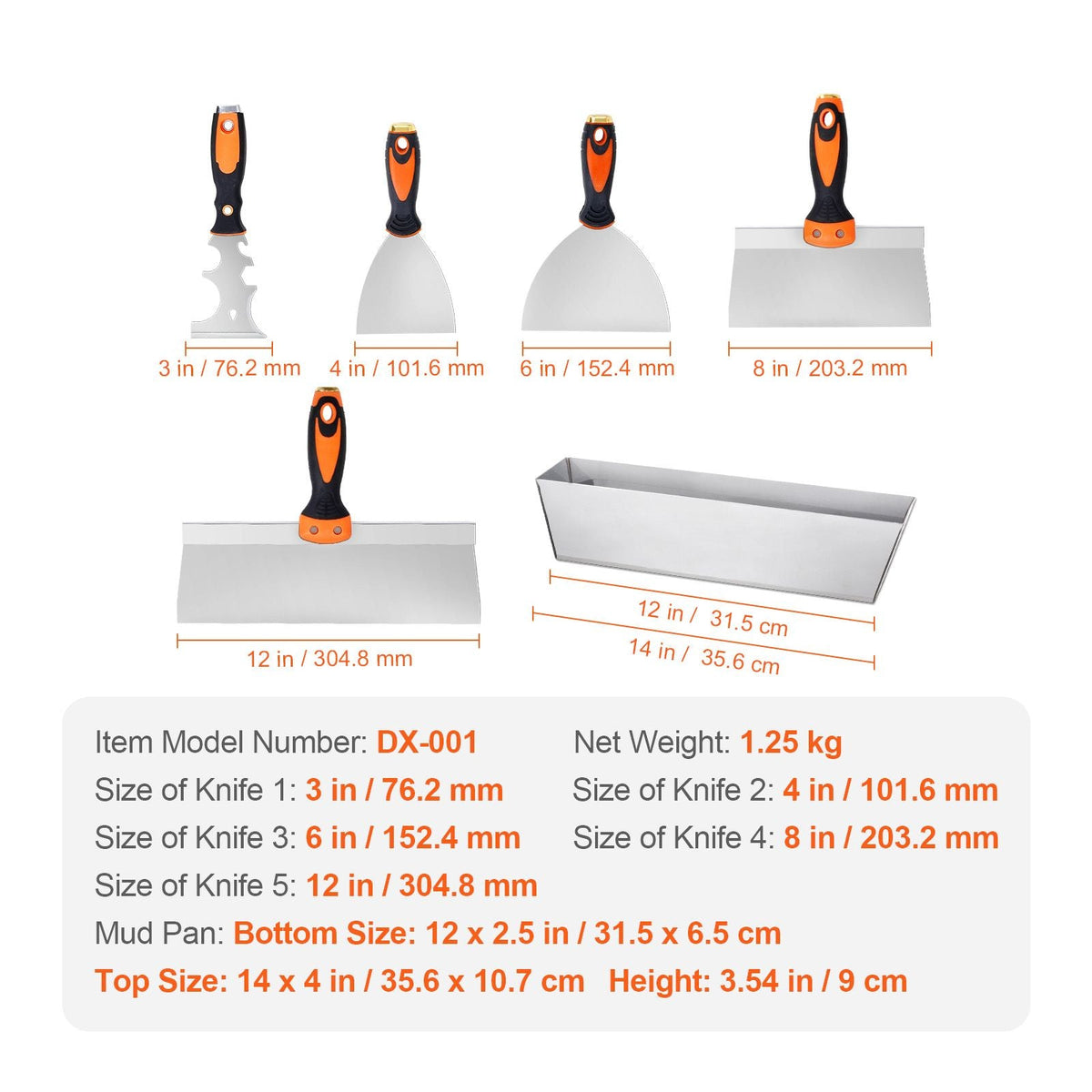 Drywall Knife Set, 6 PCS Drywall Tools Includes 3" Painter Scraper, Two Putty Knives, Two Taping Knives and 12" Mud Pan, Stainless Steel Spackle Tool, Drywall Finishing Tools for Home