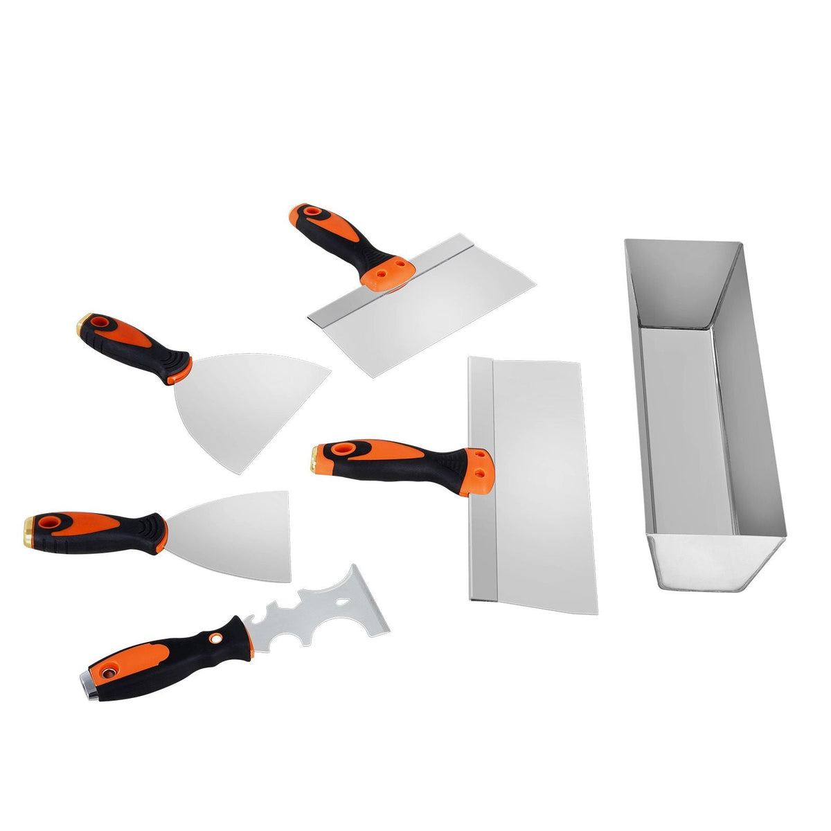 Drywall Knife Set, 6 PCS Drywall Tools Includes 3" Painter Scraper, Two Putty Knives, Two Taping Knives and 12" Mud Pan, Stainless Steel Spackle Tool, Drywall Finishing Tools for Home