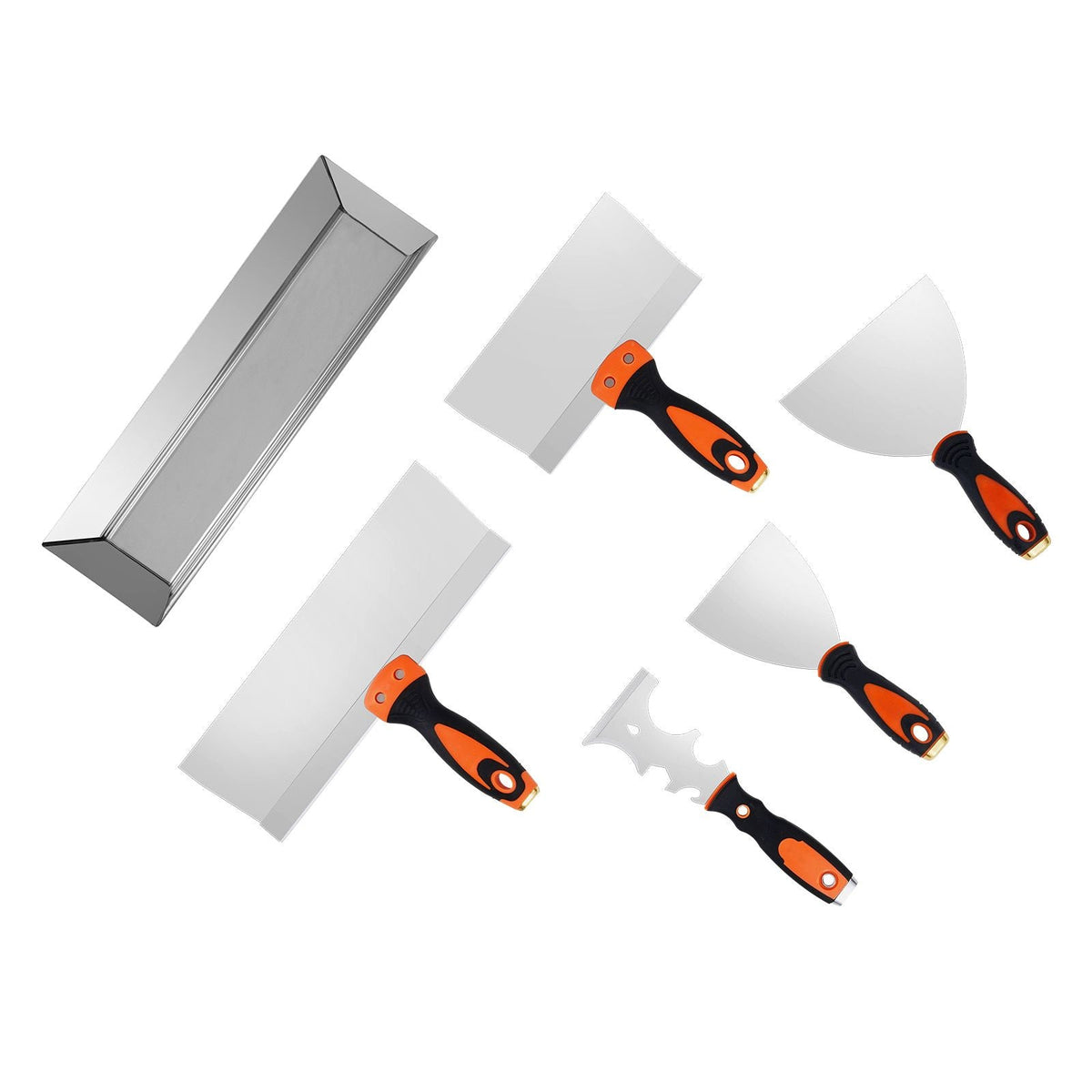 Drywall Knife Set, 6 PCS Drywall Tools Includes 3" Painter Scraper, Two Putty Knives, Two Taping Knives and 12" Mud Pan, Stainless Steel Spackle Tool, Drywall Finishing Tools for Home