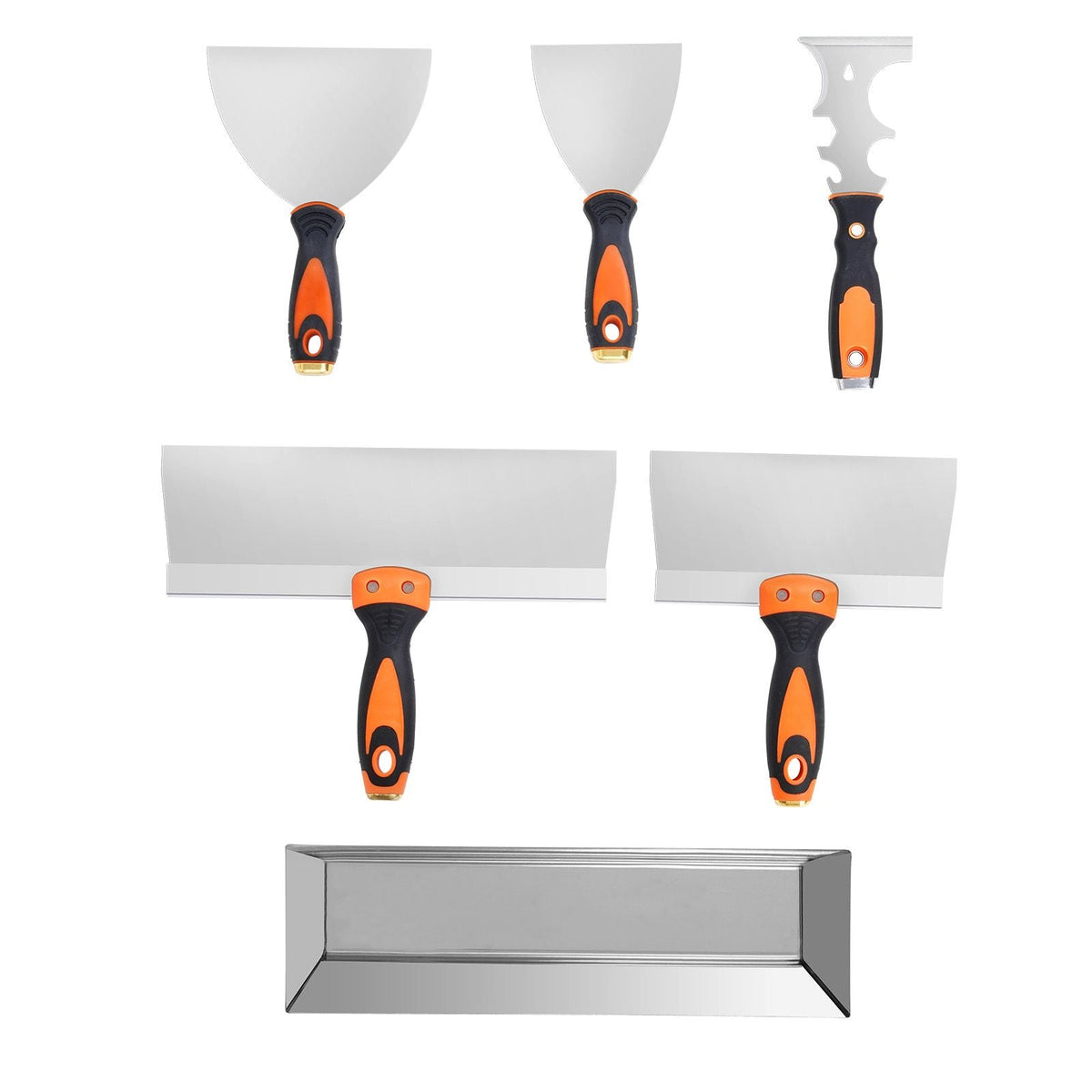 Drywall Knife Set, 6 PCS Drywall Tools Includes 3" Painter Scraper, Two Putty Knives, Two Taping Knives and 12" Mud Pan, Stainless Steel Spackle Tool, Drywall Finishing Tools for Home