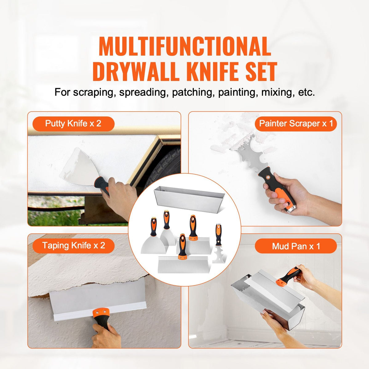 Drywall Knife Set, 6 PCS Drywall Tools Includes 3" Painter Scraper, Two Putty Knives, Two Taping Knives and 12" Mud Pan, Stainless Steel Spackle Tool, Drywall Finishing Tools for Home