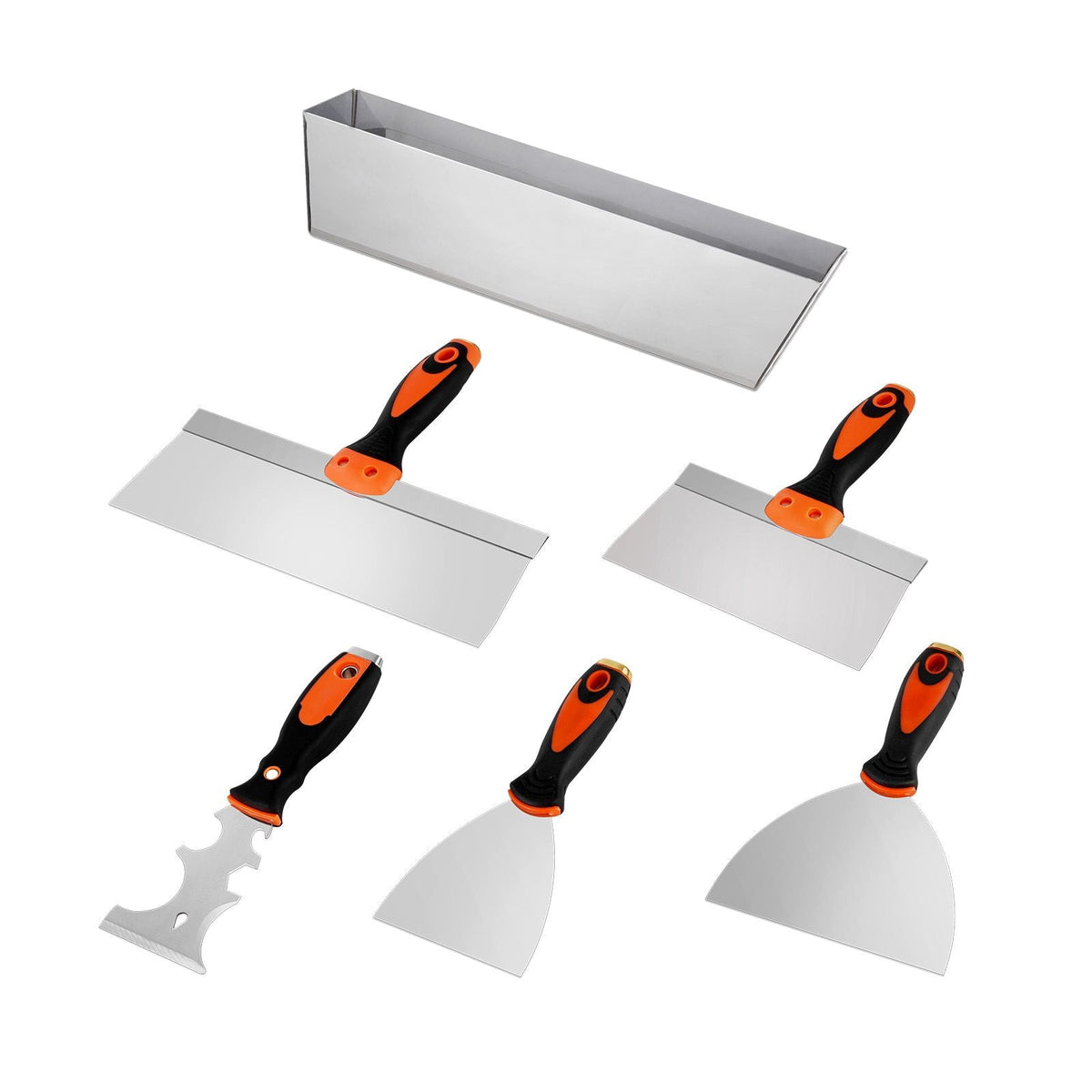 Drywall Knife Set, 6 PCS Drywall Tools Includes 3" Painter Scraper, Two Putty Knives, Two Taping Knives and 12" Mud Pan, Stainless Steel Spackle Tool, Drywall Finishing Tools for Home