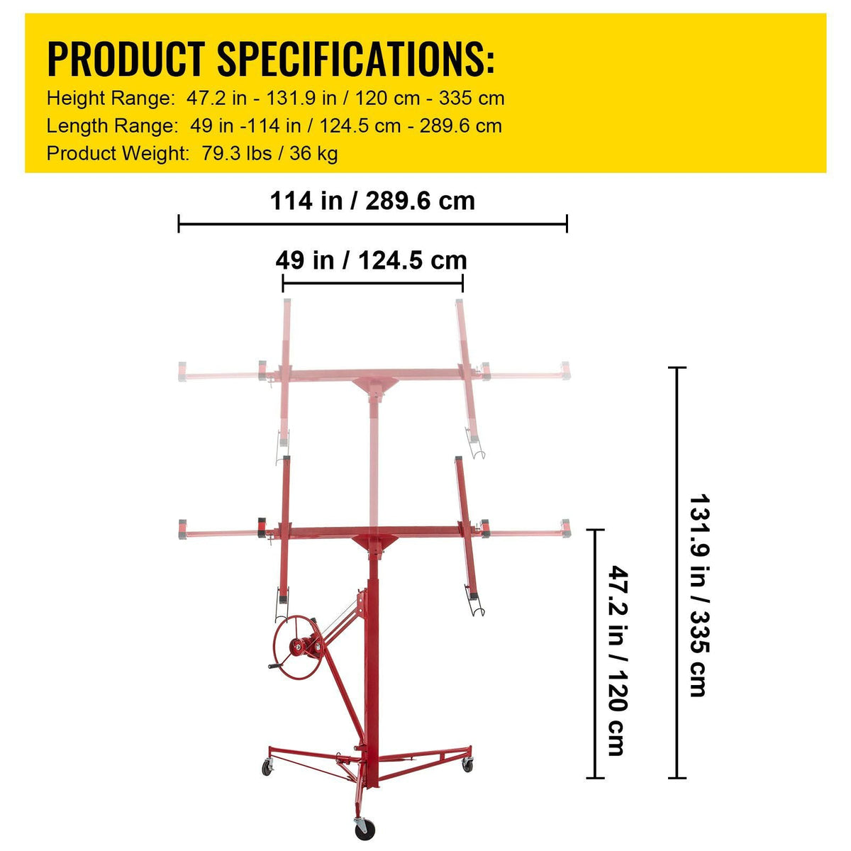 Drywall Rolling Lifter Panel, 11ft Sheetrock Lift Drywall Lift, 150lb Weight Capacity Panel Hoist Jack Tool, Steel Material with Telescopic Arm & 3 Lockable Wheels, 48x192 in Plasterboard Size