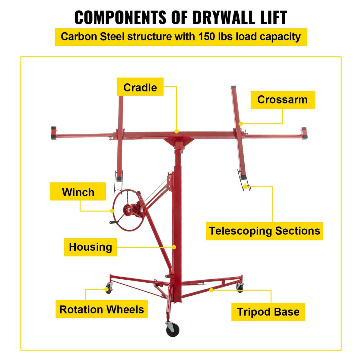 Drywall Rolling Lifter Panel, 11ft Sheetrock Lift Drywall Lift, 150lb Weight Capacity Panel Hoist Jack Tool, Steel Material with Telescopic Arm & 3 Lockable Wheels, 48x192 in Plasterboard Size