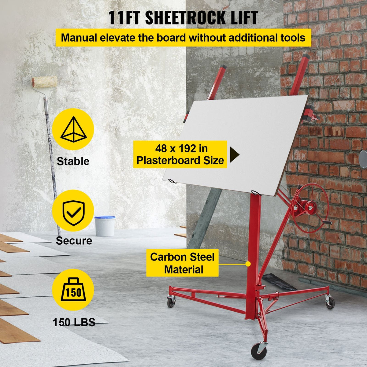 Drywall Rolling Lifter Panel, 11ft Sheetrock Lift Drywall Lift, 150lb Weight Capacity Panel Hoist Jack Tool, Steel Material with Telescopic Arm & 3 Lockable Wheels, 48x192 in Plasterboard Size