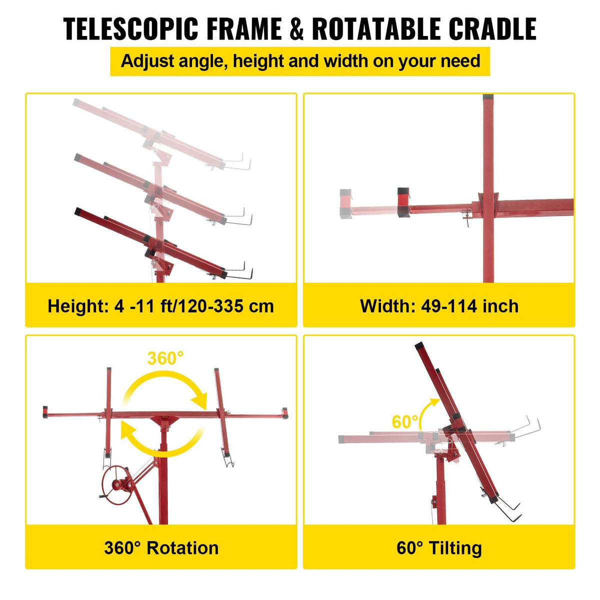 Drywall Rolling Lifter Panel, 11ft Sheetrock Lift Drywall Lift, 150lb Weight Capacity Panel Hoist Jack Tool, Steel Material with Telescopic Arm & 3 Lockable Wheels, 48x192 in Plasterboard Size