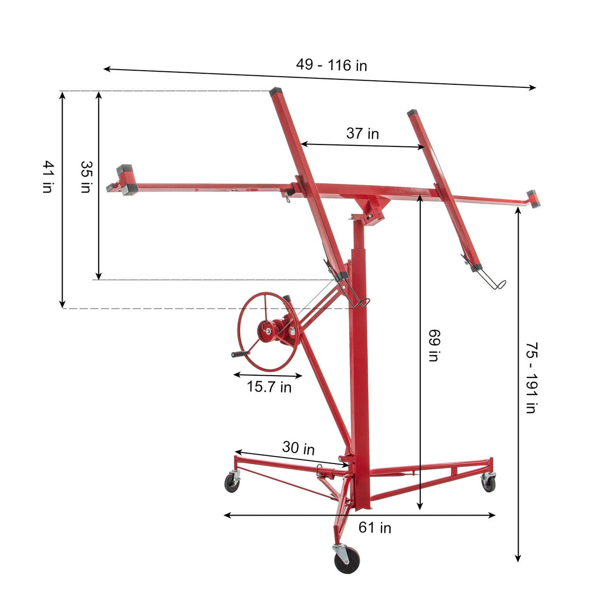 Drywall Rolling Lifter Panel, 16ft Sheetrock Lift Drywall Lift, 150lb Weight Capacity Panel Hoist Jack Tool, Steel Material with Telescopic Arm & 3 Lockable Wheels, 48x192 in Plasterboard Size