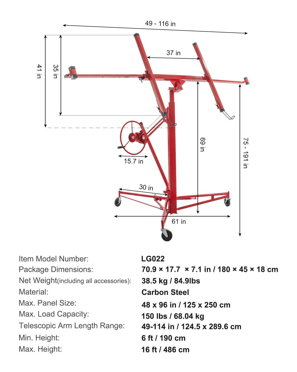 Drywall Rolling Lifter Panel, 16ft Sheetrock Lift Drywall Lift, 150lb Weight Capacity Panel Hoist Jack Tool, Steel Material with Telescopic Arm & 3 Lockable Wheels, 48x192 in Plasterboard Size