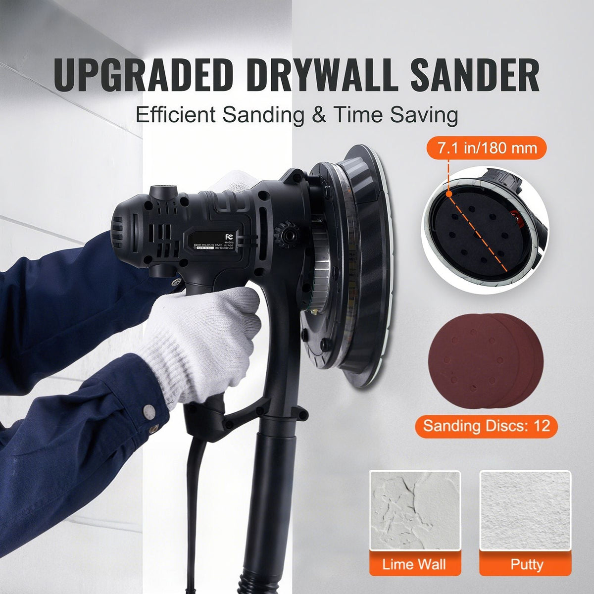 Drywall Sander, 800W Electric Sander with 12 Sanding Discs, Variable Speed 1200-2300 RPM Wall Sander with Automatic Vacuum Dust Collection System, Double LED Lights, Dust Bag, Detachable Edge