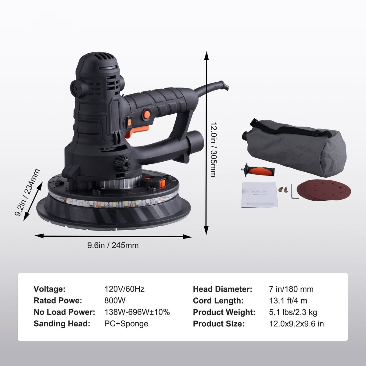 Drywall Sander, 800W Electric Sander with 12 Sanding Discs, Variable Speed 1200-2300 RPM Wall Sander with Automatic Vacuum Dust Collection System, Double LED Lights, Dust Bag, Detachable Edge