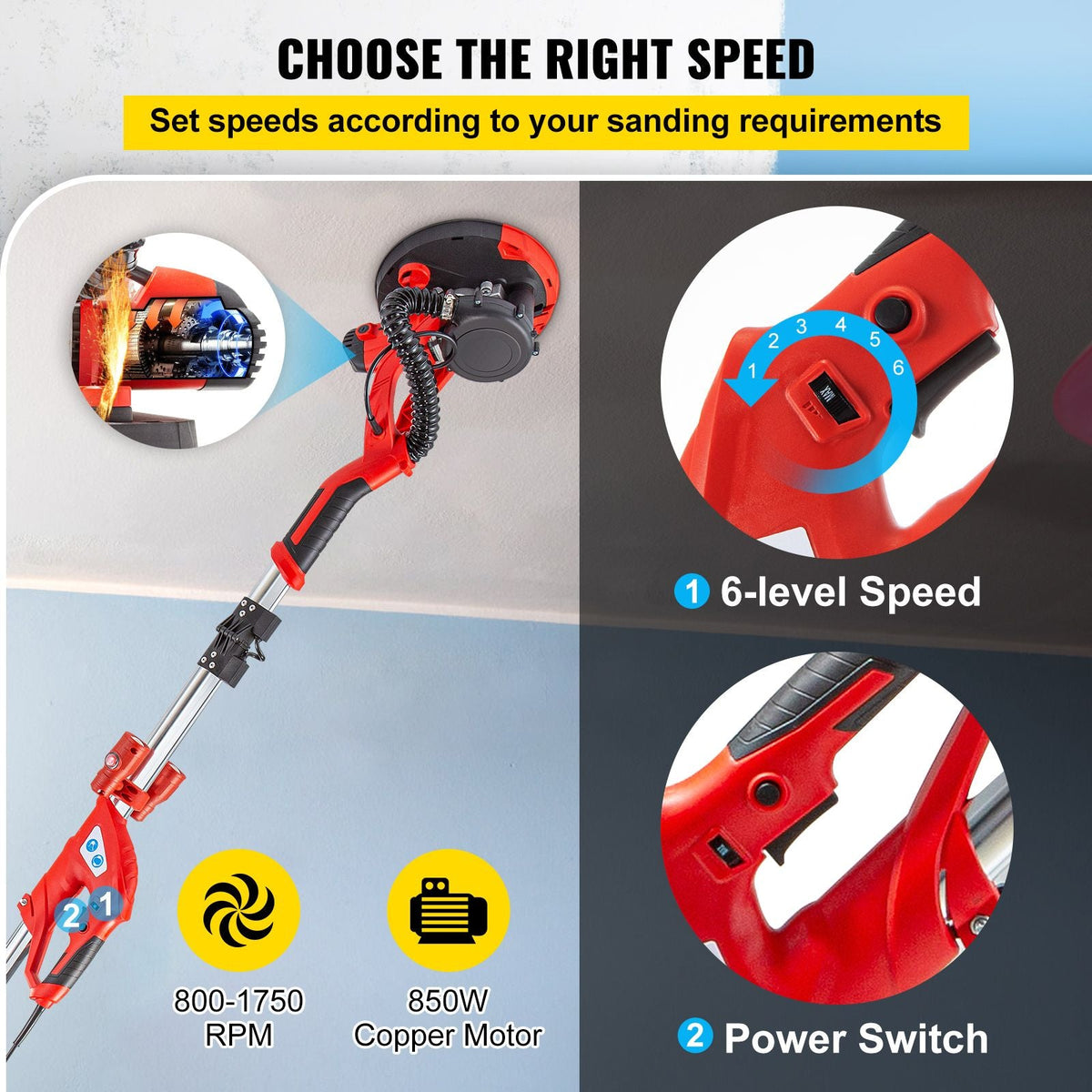 Drywall Sander 850W Electric Drywall Sander Foldable Sheetrock Sander with Telescope Handle, Electric Sander Variable Speed 800-1750RPM, Wall Sander with LED Lights and Vacuum Bag, 6 Sand Pad