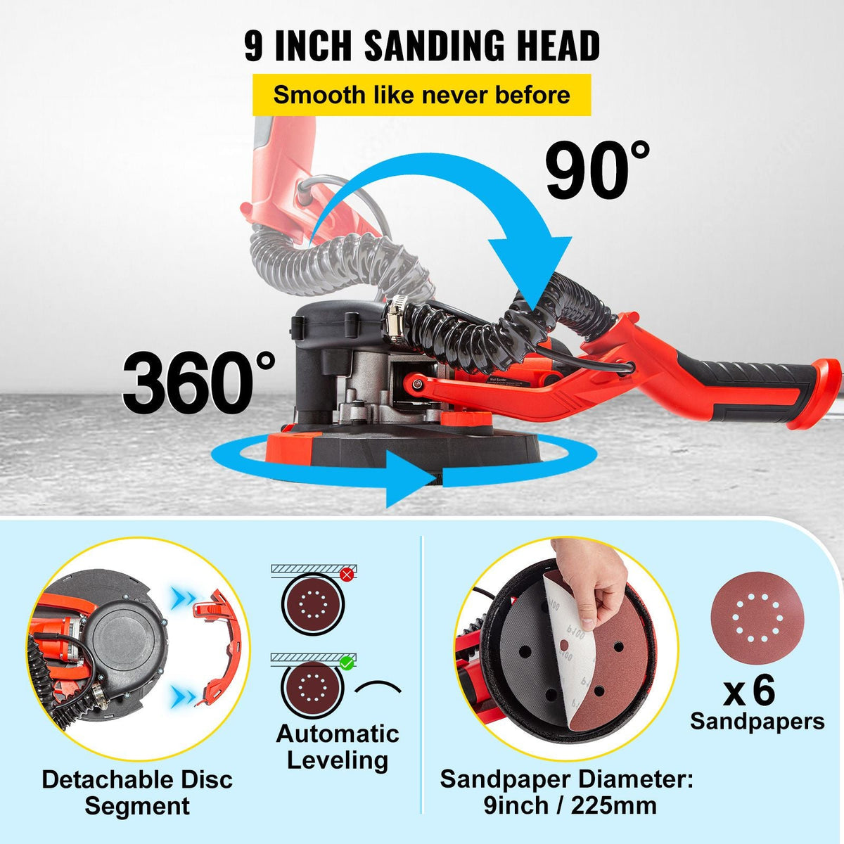 Drywall Sander 850W Electric Drywall Sander Foldable Sheetrock Sander with Telescope Handle, Electric Sander Variable Speed 800-1750RPM, Wall Sander with LED Lights and Vacuum Bag, 6 Sand Pad