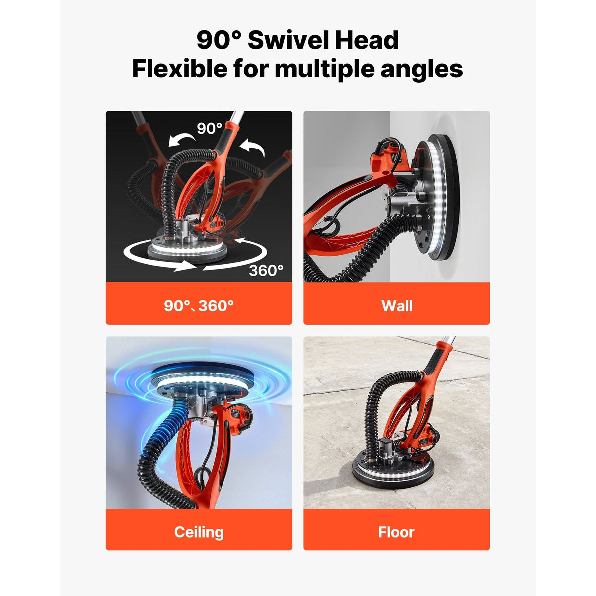 Drywall Sander, 850W Electric Drywall Sander, Popcorn Ceiling Removal Tool with 5 Variable Speed 800-1700 RPM, Double-Deck LED Light, Foldable & Extendable Handle, 15 Sanding Discs, Dust Hose