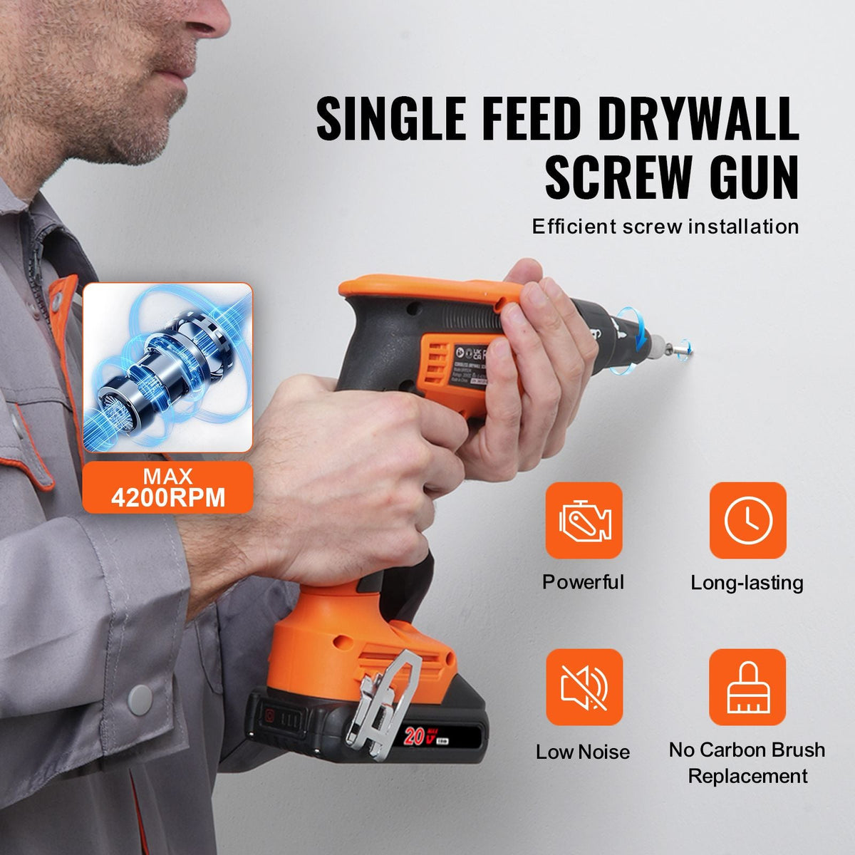 Drywall Screw Gun, 20V Max Drywall Screwgun, 4200RPM Brushless Cordless Drywall Gun Kit with 2 Battery Packs, Charger, Belt Clip, and Tool Bag, Forward and Reverse Adjustable, Built-in LED Light
