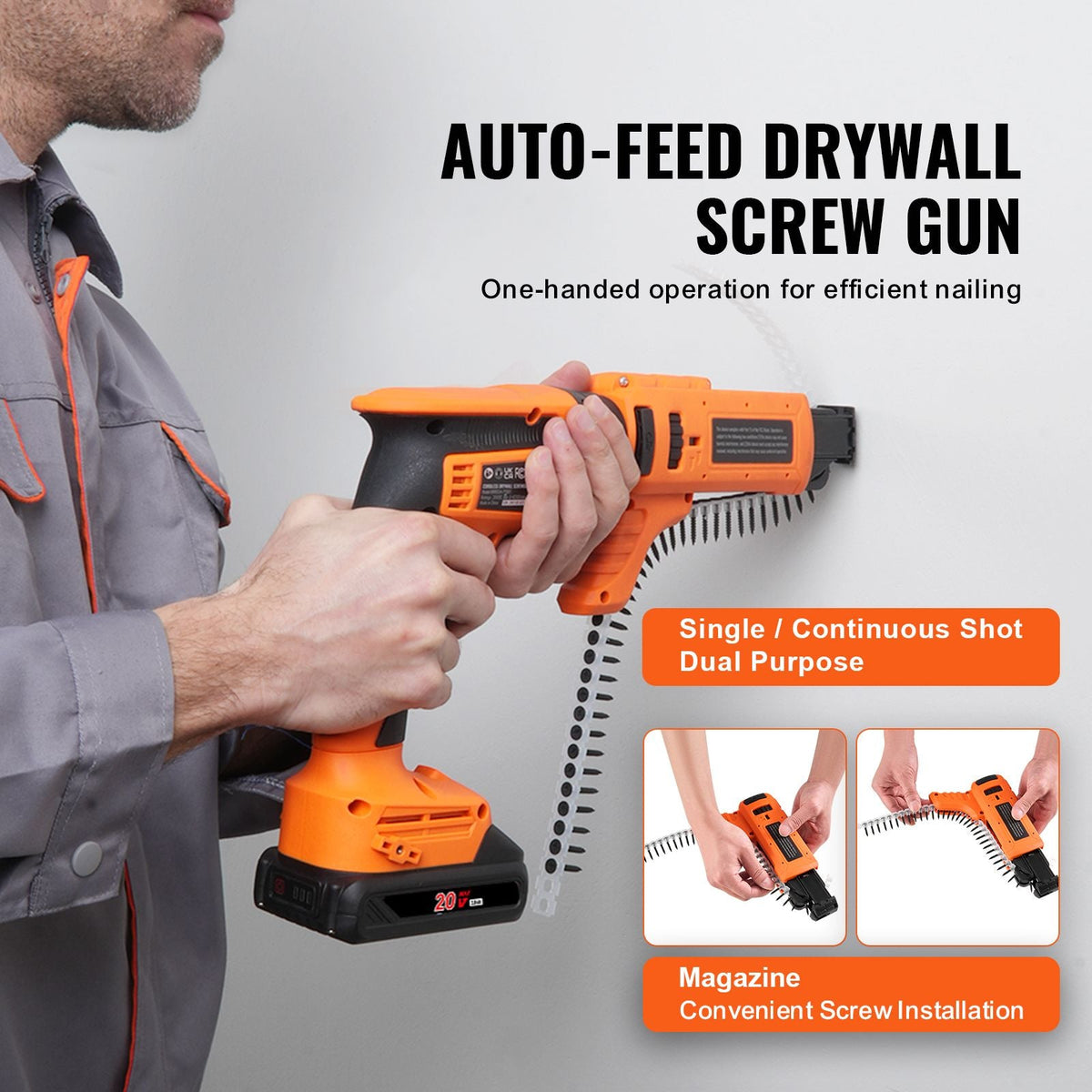 Drywall Screw Gun Auto-Feed, 20V Max Collated Drywall Screwgun, 4200RPM Brushless Cordless Drywall Gun Kit with 2 Battery Packs, Charger, Belt Clip, Tool Bag, Screw Length and Depth Adjustable