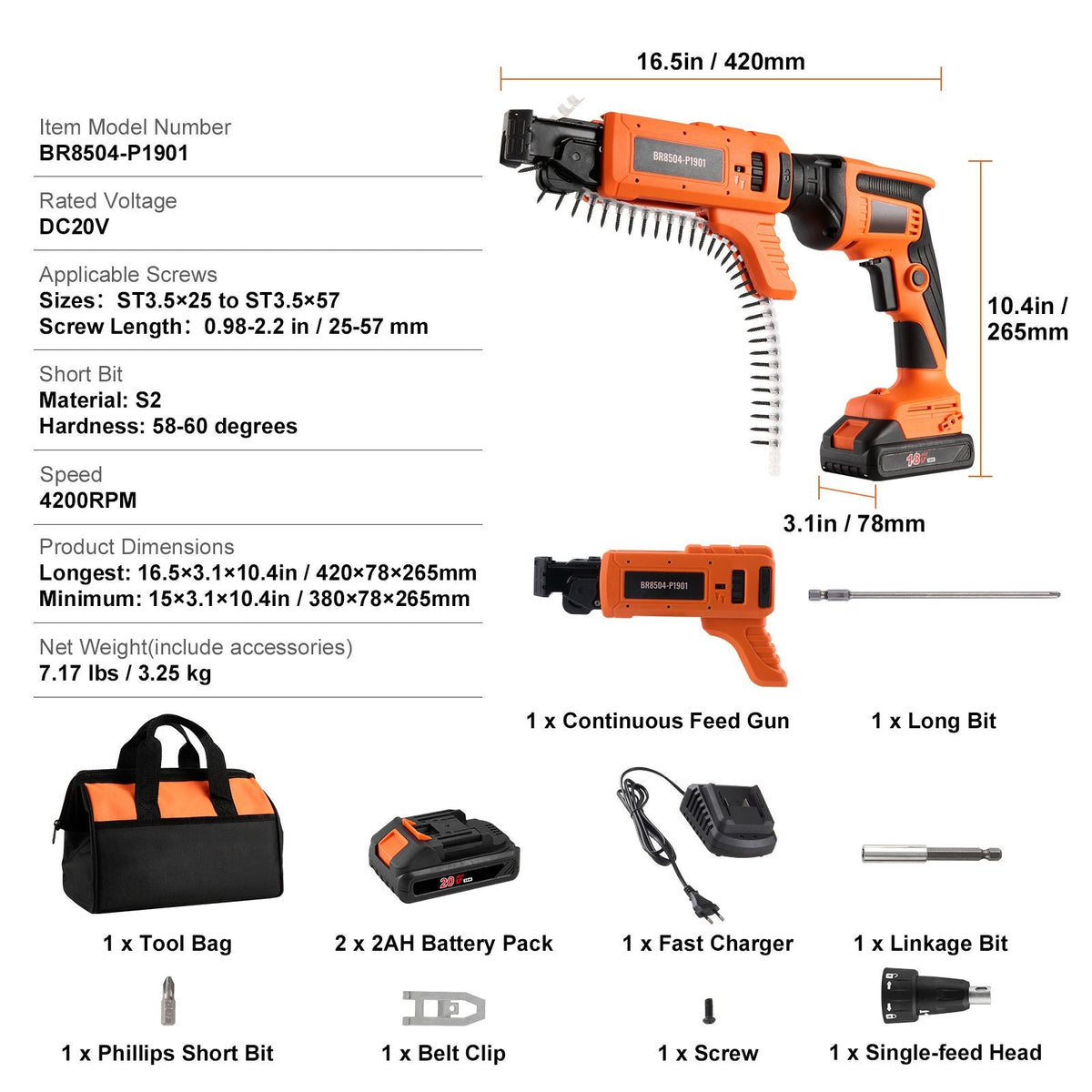 Drywall Screw Gun Auto-Feed, 20V Max Collated Drywall Screwgun, 4200RPM Brushless Cordless Drywall Gun Kit with 2 Battery Packs, Charger, Belt Clip, Tool Bag, Screw Length and Depth Adjustable