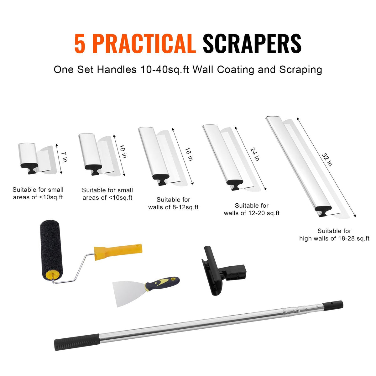 Drywall Skimming Blade Set, 7/10/14/16/24 in Skimming Blades + 34 - 81.6 in Extension Handle Pole, Stainless Steel Knife Professional Skim Coat Tools, for Gyprock/WallBoard/Plasterboard