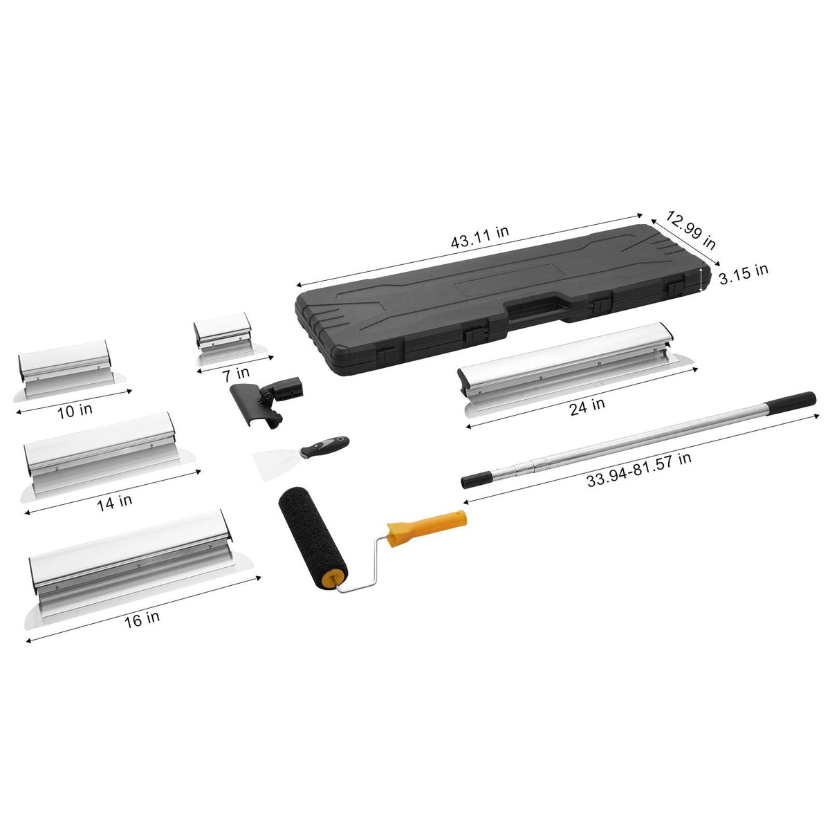 Drywall Skimming Blade Set, 7/10/14/16/24 in Skimming Blades + 34 - 81.6 in Extension Handle Pole, Stainless Steel Knife Professional Skim Coat Tools, for Gyprock/WallBoard/Plasterboard