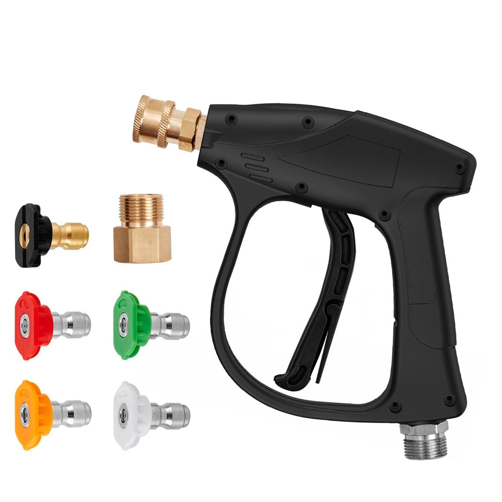 Short Pressure Washer Gun, 4350 PSI High Power Washer Spay Gun, M22-14 Inlet & 1/4'' Outlet Hose Connector Foam Gun, Stainless Steel Pressure Washer Handle with 5 Color Quick Connect Nozzles
