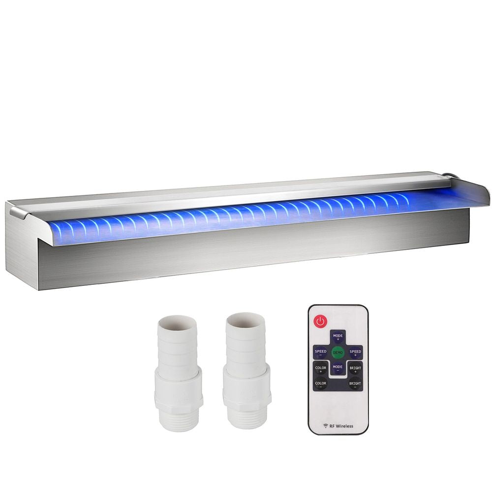 Pool Fountain Stainless Steel, Pool Waterfall 23.6" x 4.5" x 3.1"(W x D x H) with LED Strip Light, Waterfall Spillway Rectangular Garden Outdoor
