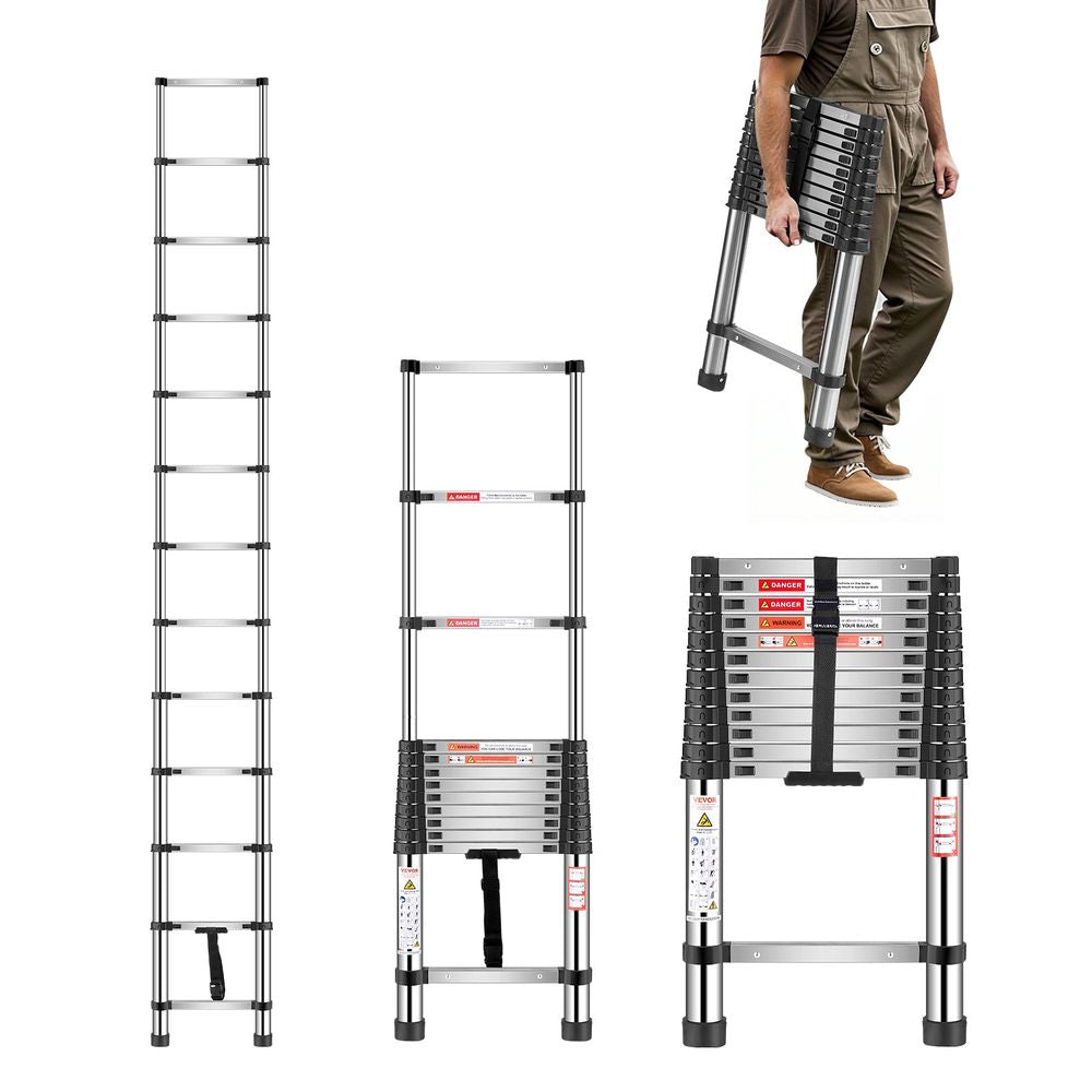 Telescoping Ladder, 12.5ft Stainless Steel Lightweight Extension Ladder, Multi-Button Retraction Collapsible Ladders, 330LBS Capacity & Non-Slip Feet, Portable 13-Step Ladders for Home, RV, Loft