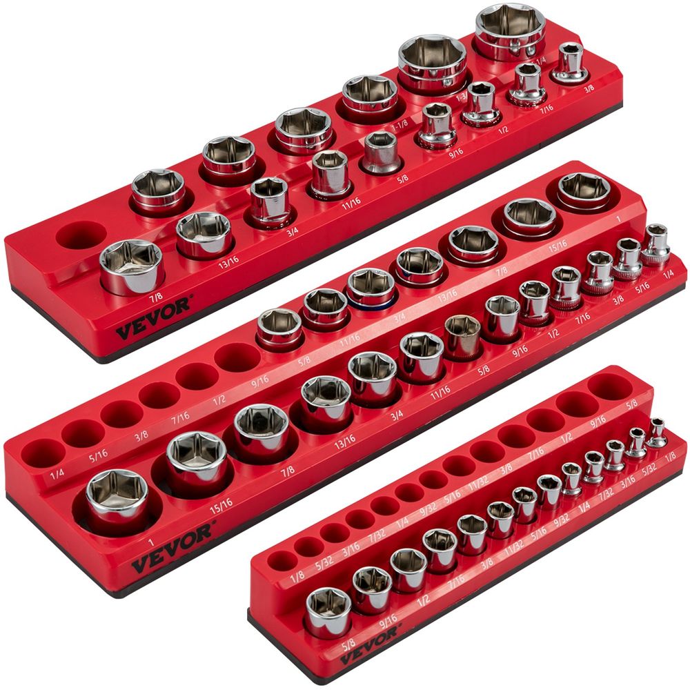 3-Pack SAE Magnetic Socket Organizers, 1/2-inch, 3/8-inch, 1/4-inch Drive Socket Holders Hold 68 Sockets, Red Tool Box Organizer for Sockets Storage