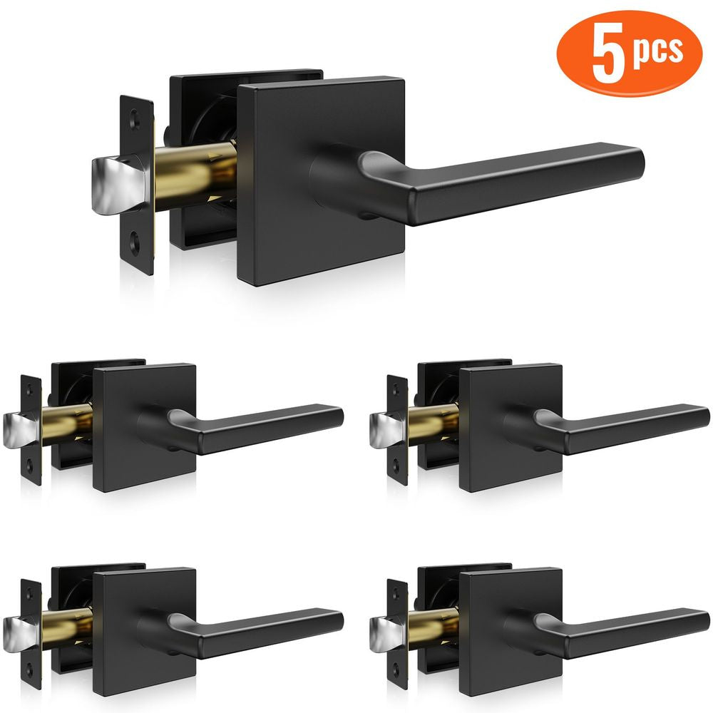 Passage Door Handle, 5 Pack Matte Black Door Lever, Left or Right Handing Reversible Lever Non-Locking, 45° Rotation to Open, Square Interior Door Handles for Hallways, Closets, Meeting Spaces
