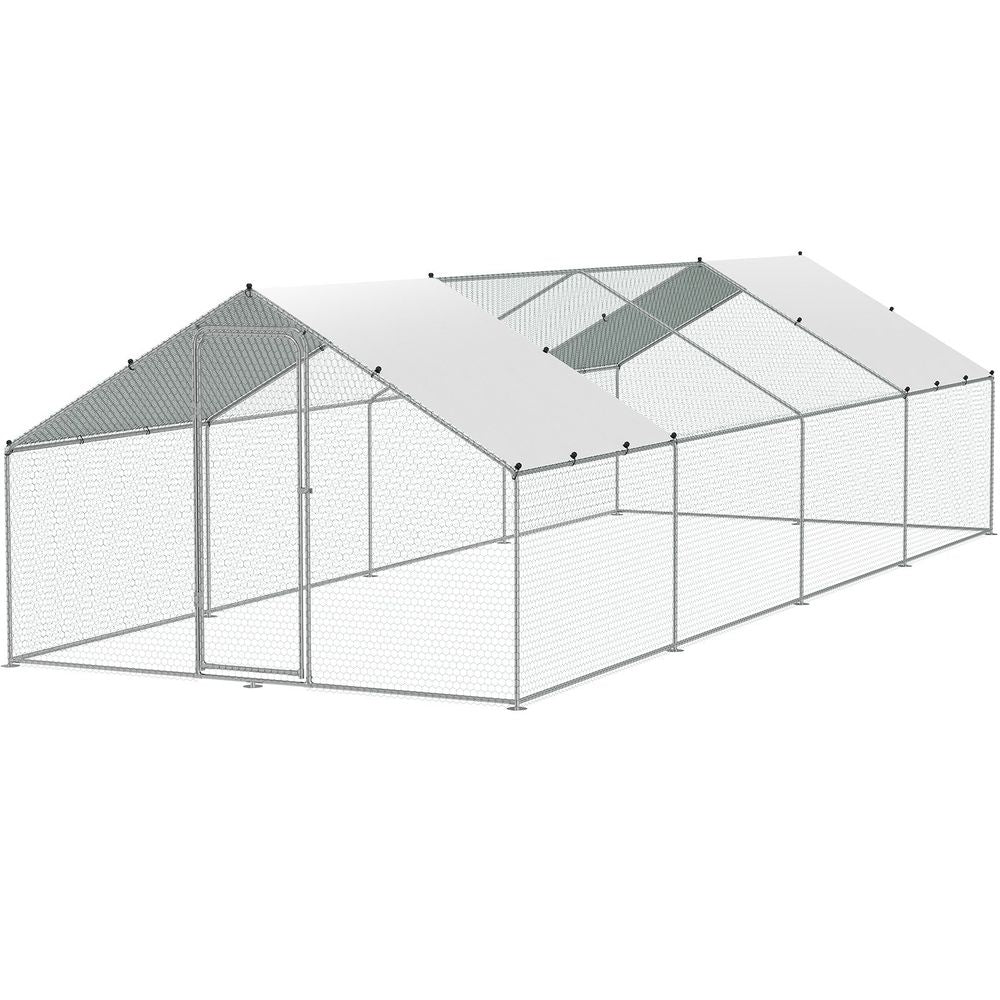Large Metal Chicken Coop with Run, 9.8x25.6x6.5 ft Walk-in Chicken Runs for Yard with Cover, Spire Roof Hen House with Security Lock for Outdoor and Backyard, Farm, Duck Rabbit Cage Poultry Pen